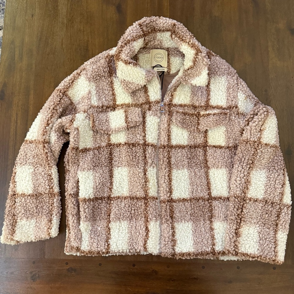 Stoosh Womens Plaid Teddy Fleece Sherpa Jacket Brown‎ Cream Zip Up Coat Small